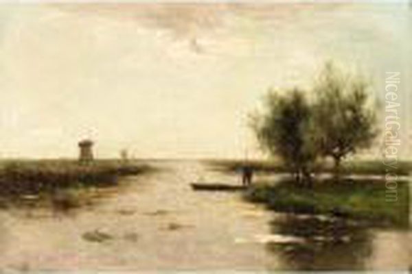 A Polder Landscape With A Peasant In A Barge Oil Painting by Victor Bauffe