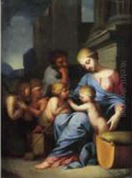 La Sainte Famille Entouree De Saint Jean-baptiste Enfant Et Deux Anges Oil Painting by Lubin Baugin