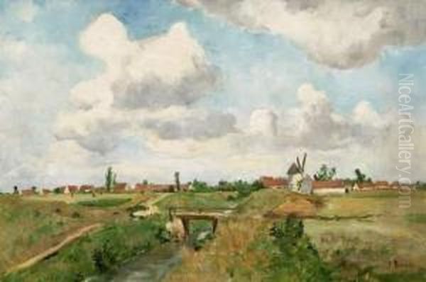 Dutch Landscape With Windmills Oil Painting by Paul Baum