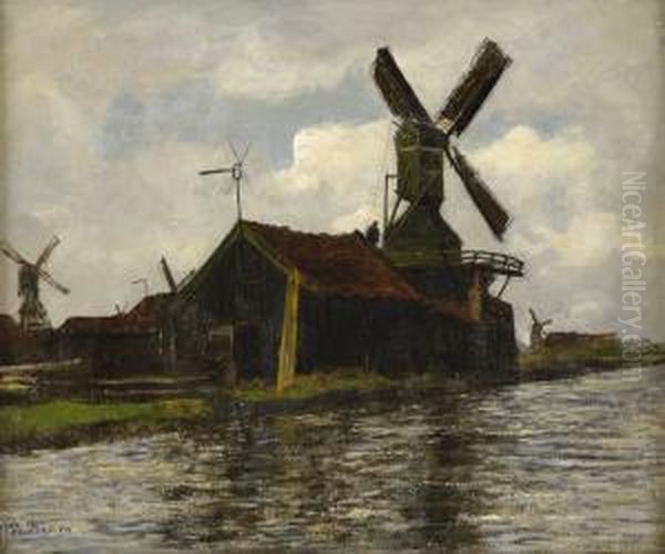 Blick Auf Eine Windmuhle Am Ufer Der Zaan Bei Zaandam. Oil Painting by Paul Baum