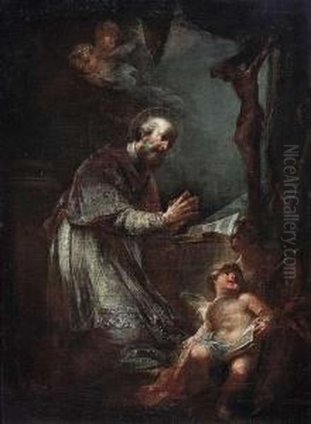 A Holybishop In Prayer Oil Painting by Johann Wolfgang Baumgartner