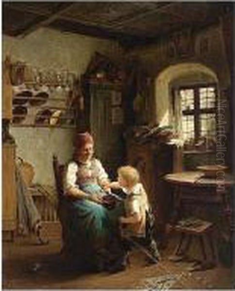 Helping Grandmother Oil Painting by Peter Baumgartner