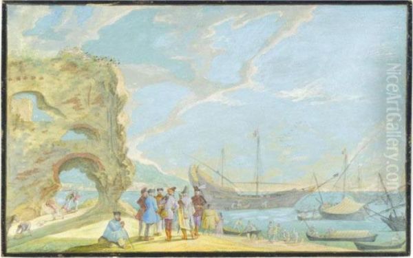 A Beach Scene: Merchants In Conversation, With Ruins And Ships Behind Oil Painting by Johann Wilhelm Baur