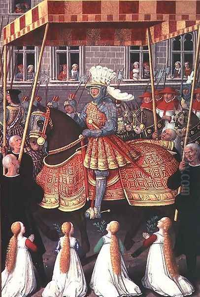 Louis XII (1462-1515) entering Genoa under a canopy, followed by four cardinals Oil Painting by Jean Bourdichon