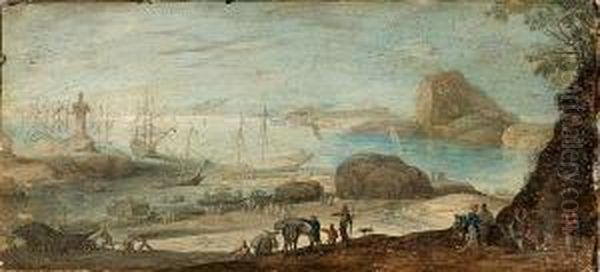 With Shipmakers In The Foreground And Travellers On A Path Oil Painting by Johann Wilhelm Baur