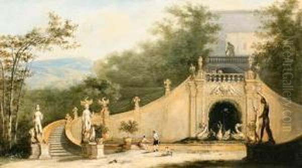 An Italianate Landscape With An 
Imaginary View Of A Grand Staircaseand Figures In A Formal Garden Oil Painting by Johann Wilhelm Baur