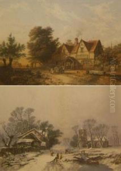 Winter And Summer Landscapes With Cottages Oil Painting by George Baxter