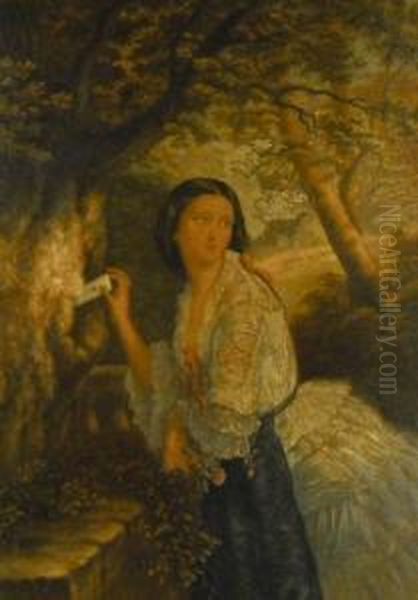 A Young Woman Placing A Love Note Within A Tree Trunk Oil Painting by George Baxter