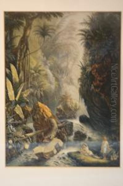 Classical Figures By A Waterfall In A Jungle Oil Painting by George Baxter