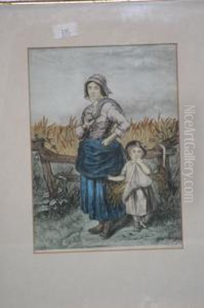 A Woman And Child Before A Cornfield And Another Old Oil Painting by George Baxter