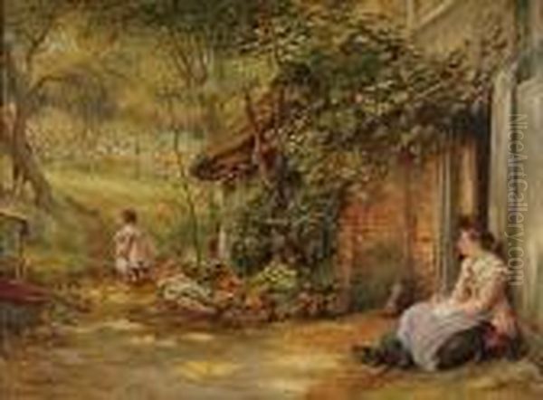 A Mother And Children Ourside A Wooded Cottage Oil Painting by Alfred Walter Bayes