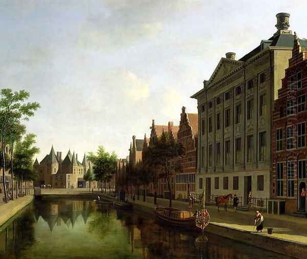 View of the Kloveniersburgwal in Amsterdam, with the Waag, and barge moored in the front of Trippenhuis to the right 1685 Oil Painting by Gerrit Adriaensz Berckheyde