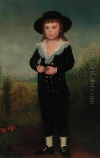 Portrait Of A Boy, Standing 
Full-length, In A Black Jacket Andknickerbockers, With A Black Hat And A
 White Chemise, Holding Aspining Top, In A Landscape by Francisco Bayeu Y Subias