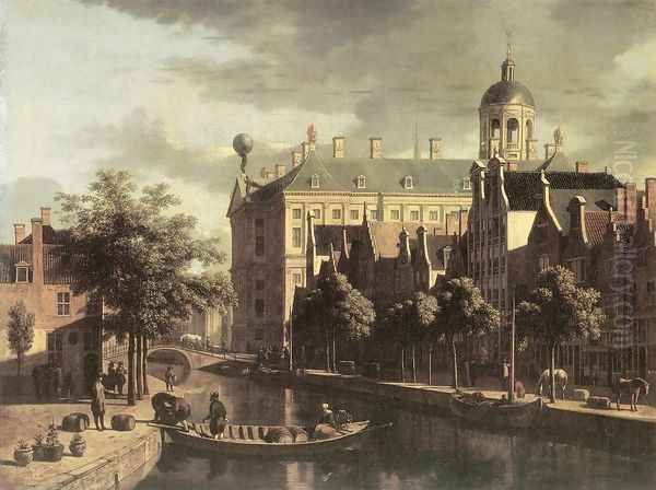 Amsterdam, the Nieuwezijds near the Bloemmarkt 1670-75 Oil Painting by Gerrit Adriaensz Berckheyde