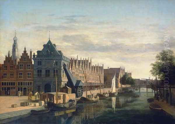 The Weigh-House and Crane on the Spaarne at Haarlem Oil Painting by Gerrit Adriaensz Berckheyde