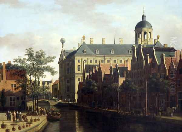 The Nieuwezijds Voorburgwal with the Flower Market in Amsterdam Oil Painting by Gerrit Adriaensz Berckheyde