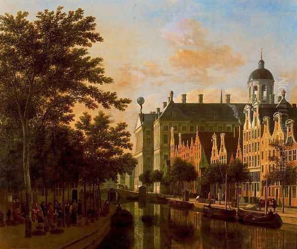 The Nieuwezijds Vooburgwal with the flower market in Amsterdam Oil Painting by Gerrit Adriaensz Berckheyde