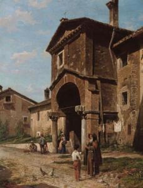 Figures In An Italian Village Oil Painting by Luigi Bazzani