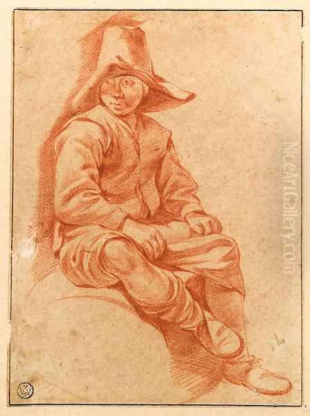 A Peasant Boy seated on a Barrel looking to the left Oil Painting by Gerrit Adriaensz Berckheyde