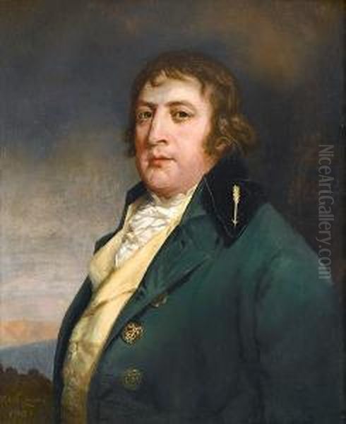 Portrait Of A Gentleman, 
Bust-length, In A Green Coat And A Yellow Waistcoat With A White Cravat Oil Painting by Thomas Beach