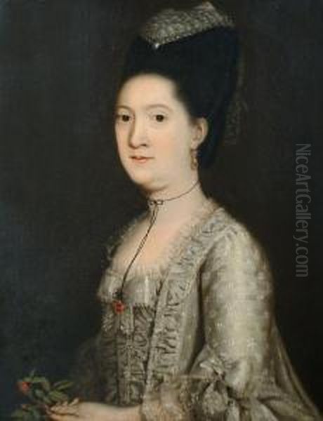 Portrait Of A Lady, Said To Be 
Mrs Christian Laughton,half-length, In A White Lace-edged Dress, Holding
 A Rose Oil Painting by Thomas Beach