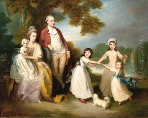 A Gentleman And Lady With Their Children In A Landscape Oil Painting by Thomas Beach