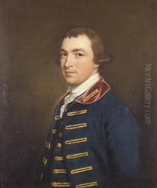 Portrait Of E.b Napier, Half-length, In A Dark Blue Coat With A Scarlet Collar Oil Painting by Thomas Beach