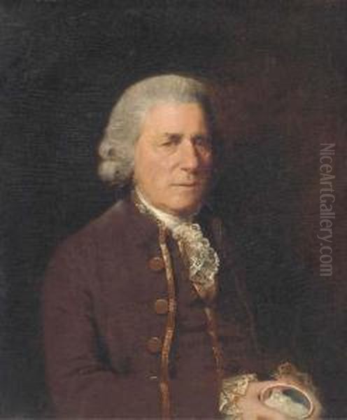 Portrait Of A Gentleman, 
Half-length, In A Brown Suit, With A Laceruff, Holding A Miniature Of A 
Mother And Child Oil Painting by Thomas Beach