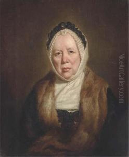 Portrait Of A Lady, Half-length,
 Wearing A Black Dress And A Furwrap With A White Bonnet Trimmed With 
Black Ribbon On Her Head,covered By A Shawl Oil Painting by Thomas Beach