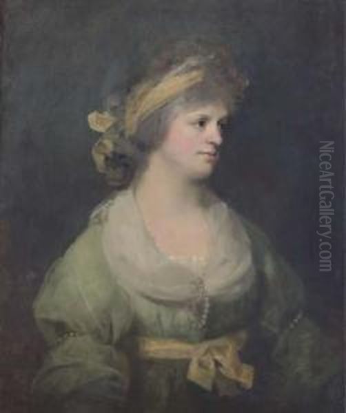 Portrait Of Elizabeth Havers, Half Length, In A Green Dress Andyellow Sash Oil Painting by Thomas Beach