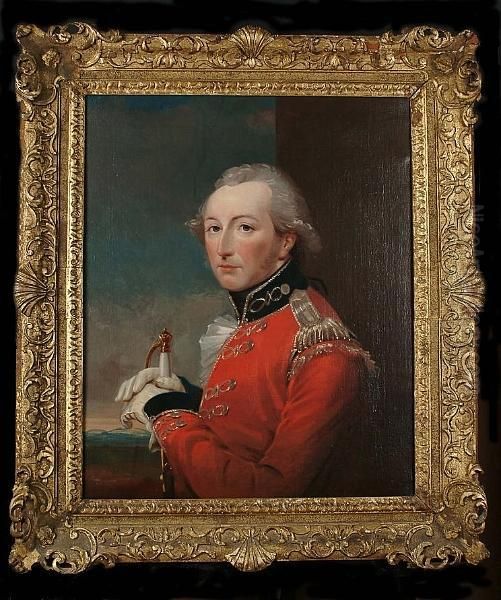 Portrait Of An Officer, Possibly
 Of The Fencible Cavalry, Holding A Sword, A View To A Landscape Beyond Oil Painting by Thomas Beach