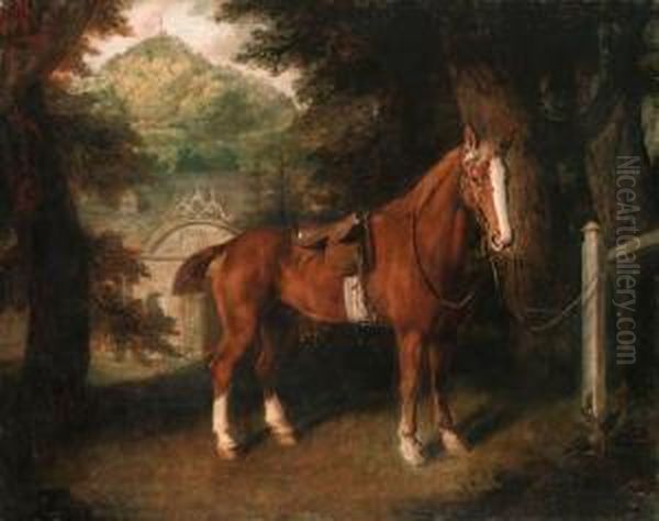 A Saddled Chesnut Hunter Tethered To A Post, The Entrance Tostables Beyond Oil Painting by Thomas Beach