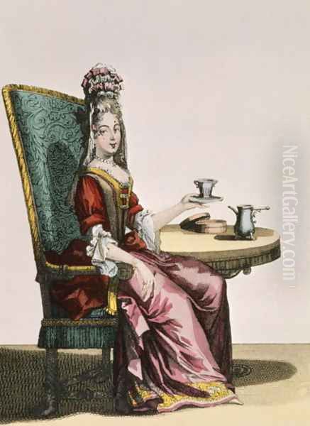 Lady Taking Coffee, fashion plate, c.1695 Oil Painting by Nicolas Bonnart