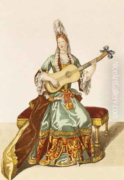 Lady of Quality Playing the Guitar, fashion plate, c.1695 Oil Painting by Nicolas Bonnart