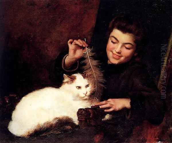 A Young Girl With A White Cat Oil Painting by Antoine Jean Bail