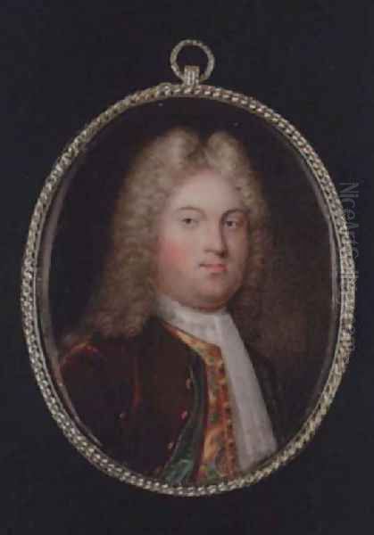 A gentleman wearing wig, burgundy coat with green lining, green figured yellow waistcoat and white cravat Oil Painting by Francis Bindon