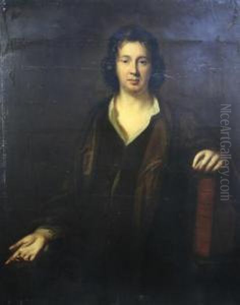 Portrait Of Charles Beale Resting His Hand On A Large Volume Oil Painting by Mary Beale