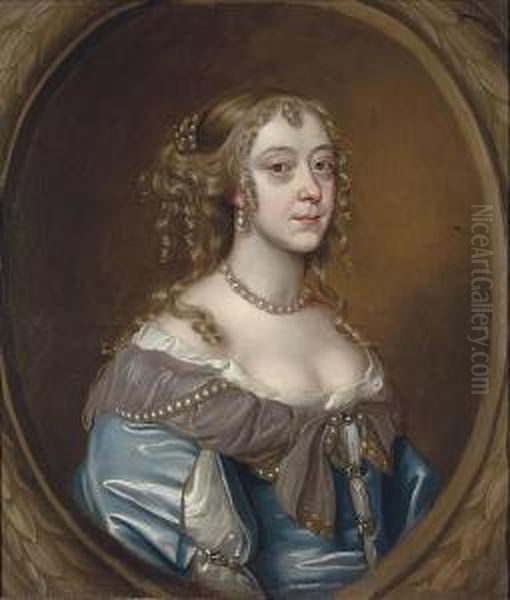 Portrait Of A Lady, Bust-length, In A Blue Dress With Pearls, In Asculpted Cartouche Oil Painting by Mary Beale