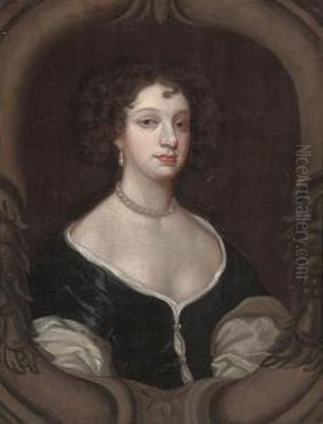 Portrait Of A Lady, Bust-length,
 In A Black Dress And Pearlnecklace, In A Sculpted Cartouche Oil Painting by Mary Beale