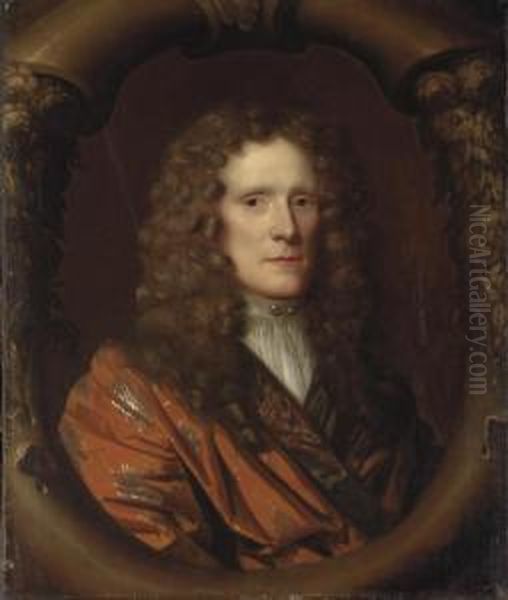 Portrait Of Sir Marmaduke 
Tunstall, Bust-length, In A Red Coat And White Cravat, In A Sculpted 
Cartouche Oil Painting by Mary Beale