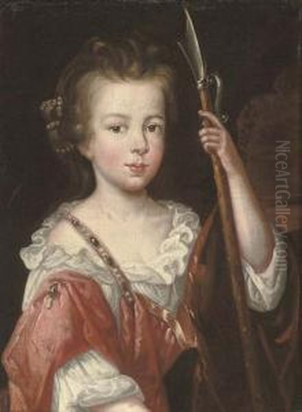 Portrait Of A Young Girl, Half-length, In Masquerade Dress, Holding A Spear Oil Painting by Mary Beale