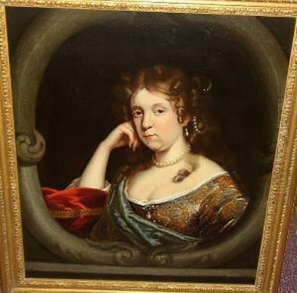 Portrait Of A Lady, Bust Length,
 In A Richly Brocaded Dress With Blue Sash, In A Feigned Oval Oil Painting by Mary Beale