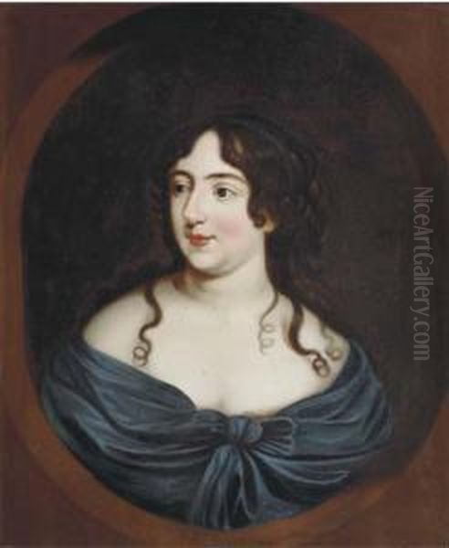 Portrait Of A Lady, Half-length, In A Blue Dress, In A Feignedoval Oil Painting by Mary Beale