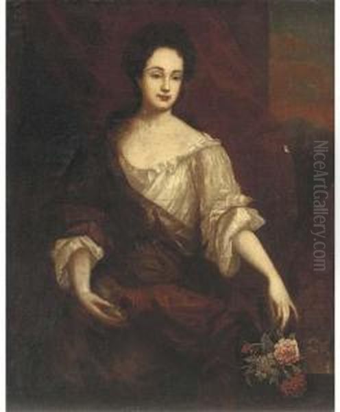 Portrait Of A Lady, Seated 
Three-quarter-length, Wearing A Whiteand Red Dress, Her Left Hand 
Holding Some Flowers By A Ledge, A Redcurtain And Landscape Beyond Oil Painting by Mary Beale