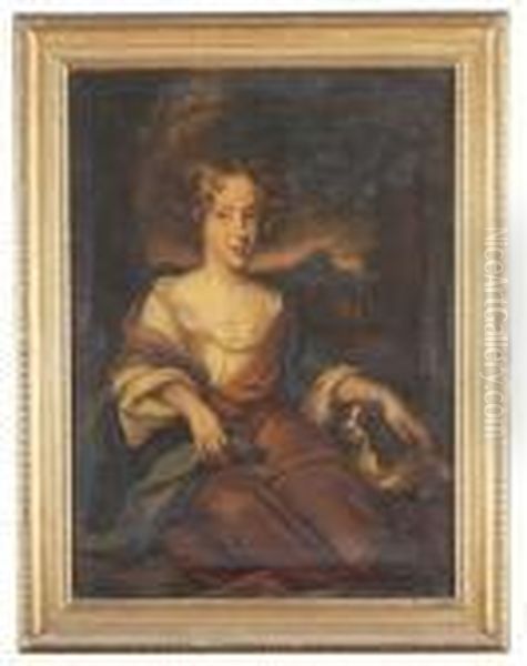 Portrait Of A Young Lady, Three-quarter-length, Seated, In A Red Dress, With A Spaniel Oil Painting by Mary Beale