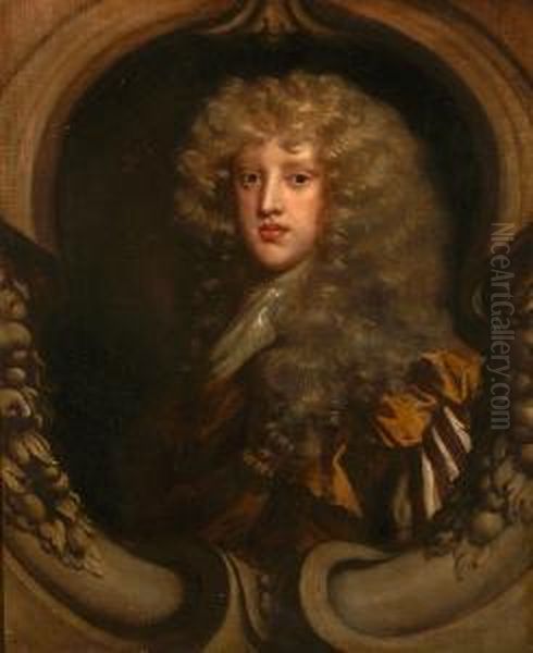 A Portrait Of Sir Ralph Assheton Within A Painted Sculpted Oval Oil Painting by Mary Beale