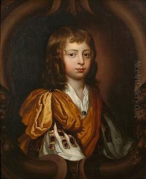 A Portrait Of A Young Boy, 
Believed To Be Richard Gulston, Bust Length In Ornate Robe Within A 
Sculptural Painted Oval Oil Painting by Mary Beale