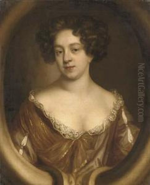 Portrait Of A Lady, Half-length,
 In A Brown Dress Trimmed With Lace, In A Sculpted Cartouche Oil Painting by Mary Beale