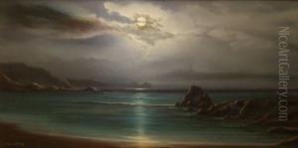 Rocky Coastal Scene By Moonlight Oil Painting by Aubrey Vincent Beardsley