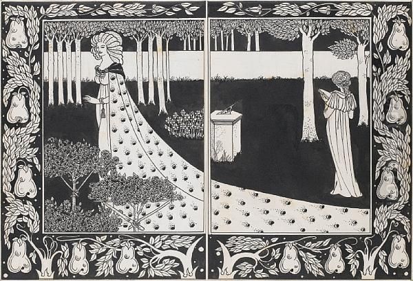 La Belle Isould At Joyous Gard Two Drawingswithin One Mount Oil Painting by Aubrey Vincent Beardsley